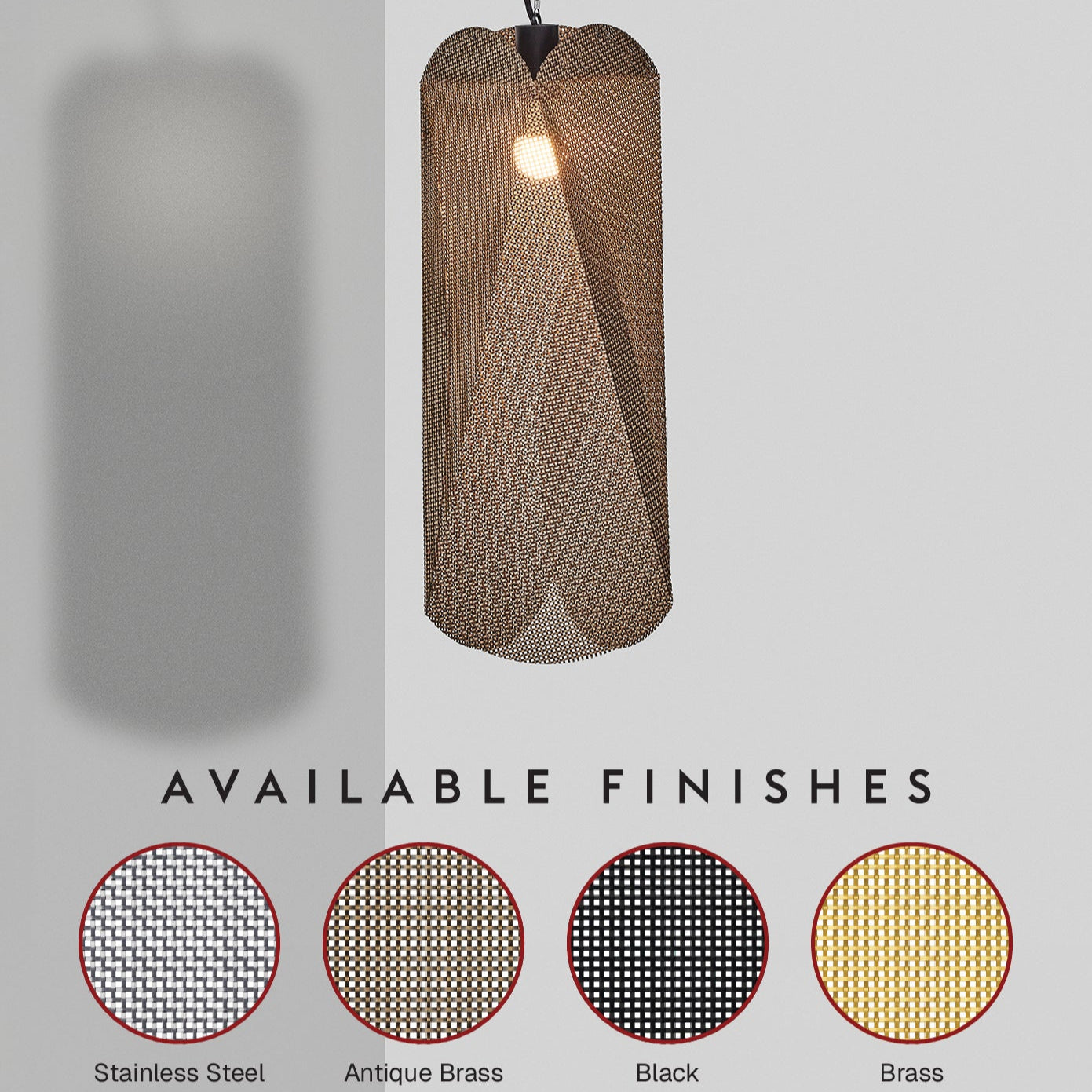 Pendant light with finish options labeled on a gray background