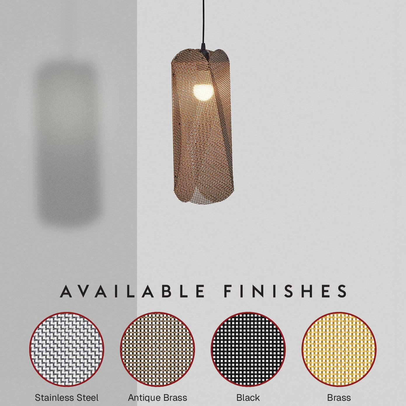 Toki Pendant light with available finishes labeled on a gray background